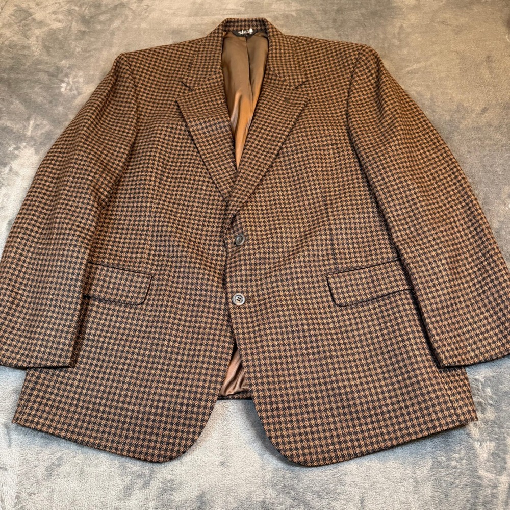 Bill Blass Classics Blazer Mens 43 Short Brown Wool Houndstooth Two Button